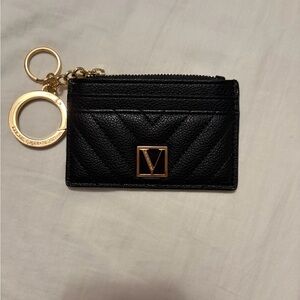 Victoria's Secret Black Quilted Card Holder Keyring with Gold V Plaque